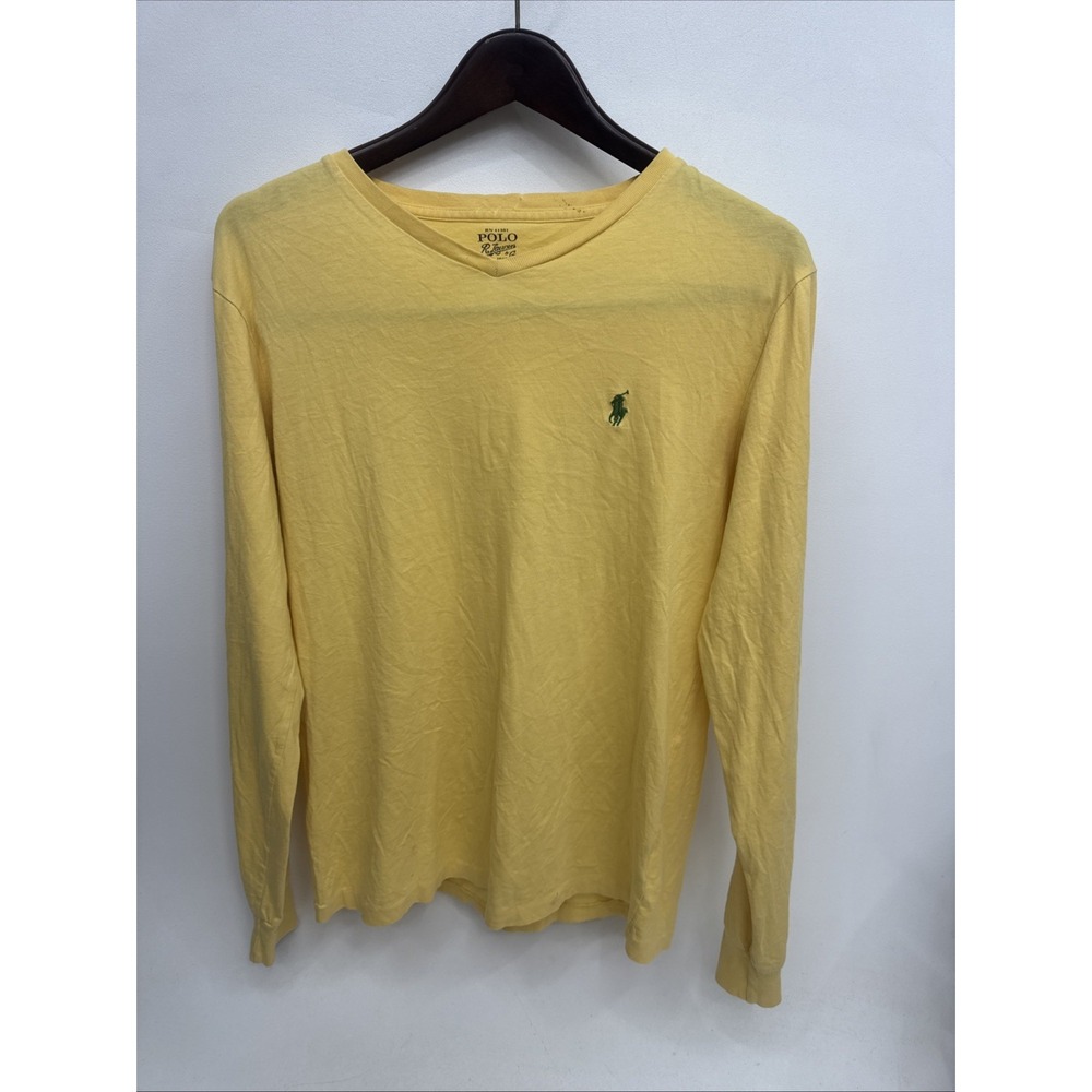 Vintage Polo Ralph Lauren T-Shirt Mens S Yellow Crew Neck Long Sleeve 90s Y2K